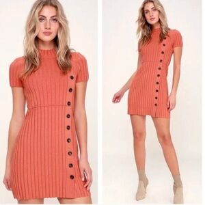 NWT Free People Lottie Ribbed Mock Neck Sweater Dress In Coral XS